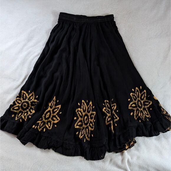 Embroidered Tie-Dye Midi/Maxi Skirt Women's Small/Medium Black Yellow Bohemian - Picture 3 of 7